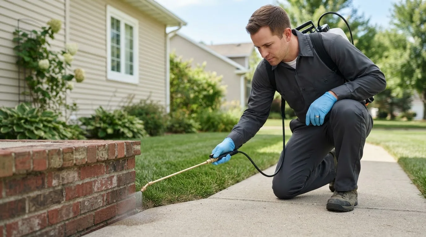 Pest control technician treating a home near Beloit, OH
